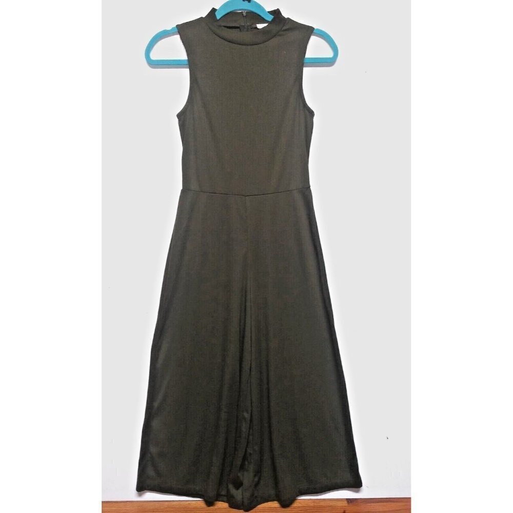 YADO Womens Jumpsuit WIDE LEG palazzo S/M sleeveless Olive green high neck EUC